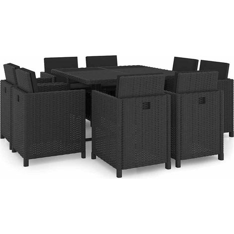 Set da Pranzo da Giardino 9 pz con Cuscini in Polyrattan Nero vidaXL