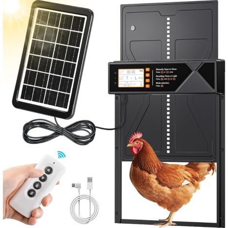 Porte Poulaille,Améliorer-Große Porte Poulailler Solaire,Porte Poulailler Automatique Solaire avec Affichage LED, Capteur de Lumière, Telecommande,Commande de Minuterie,Fonction Anti-pincement (1/5)