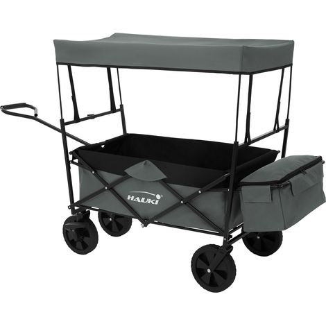 Hauki Bollerwagen L faltbar mit Dach, Grau, Handwagen klappbar, Transportwagen für Kinder, Gerätewagen inkl. 2x Netztaschen und 1x Außentasche, Vorderrad-Bremse, bis 80 kg, Transportkarre Kinderwagen
