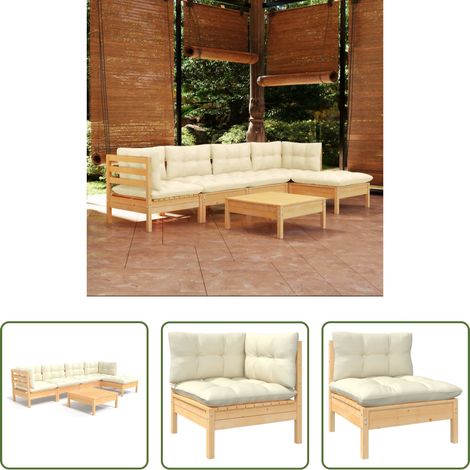 vidaXL Canapé de jardin - Salon de jardin 6 pcs avec coussins crème bois de pin (1/5)
