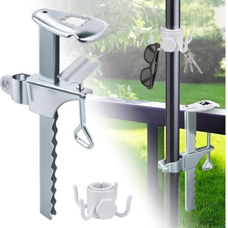 Support pour parasol sur balcon en acier galvanisé avec pince allongée (0–20 cm), crochet suspendu intégré, adapté aux terrasses, jardins et clôtures (1/4)