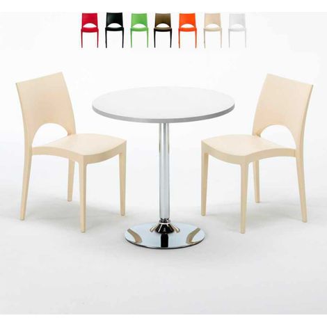 Table Ronde Blanche 70x70cm Avec 2 Chaises Colorées Grand Soleil Set Intérieur Bar Café Paris Long Island - Beige (1/5)
