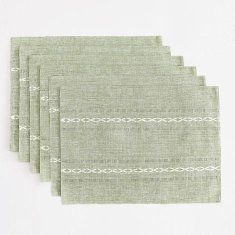 Set de 6 sets de table en lin et coton, 30 x 45 cm, style champêtre, coutures ajourées. Résistants à la chaleur, ils conviennent à la table de cuisine. Coloris gris-vert. (1/5)