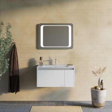 Mobile Bagno Sospeso 80Cm Bianco Opaco Con Specchio Led 60X80  Monaco