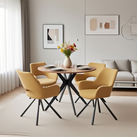 MEUBLES COSY Ensemble table et chaises de salle à manger 5 pièces, table ronde avec pieds croisés en métal + 4 chaises de salle à manger en microfibre jaune