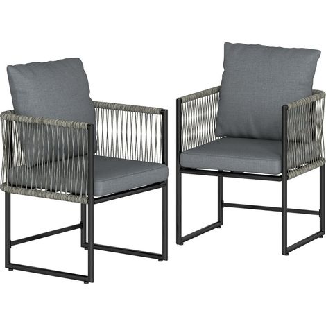 Lot de 2 chaises de jardin en acier et rotin PE avec coussins - Résistant aux intempéries, avec accoudoirs et dossier - 52x52x66 cm - Gris foncé (1/4)