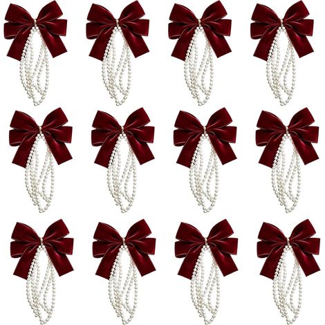 Nœuds De Noël Sur Sapin 12 Pièces Ornements Vintage en Velours Bordeaux Nœud Perlé Ornement Décoration Sapin Noël Porche, couronne, cheminée, rebords fenêtres, mariage, fête (1/5)