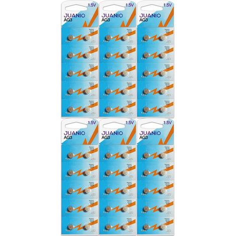 Lot de 60 Piles bouton plates 1,5V type AG3 compatibles 392 / LR41 / SR41SW - Juanio - (1/2)