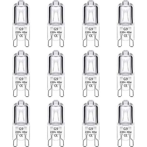 12er-Pack G9-Halogenlampen, 40 W, 230 V, dimmbar, 0–100 %, 480 lm, warmweiß (2700 K), G9-Sockel, flimmerfrei, für Backöfen, Kronleuchter, Gartenleuchten und Schrankbeleuchtung (1/5)