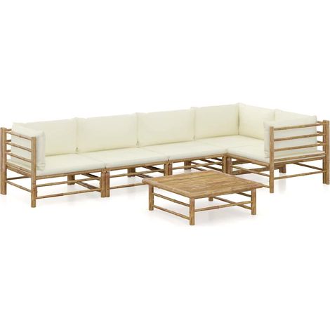 Salon de jardin 6 pcs Ensemble Table et Chaise de Jardin - avec coussins blanc crème Bambou BV569876 - BonneVie (1/5)