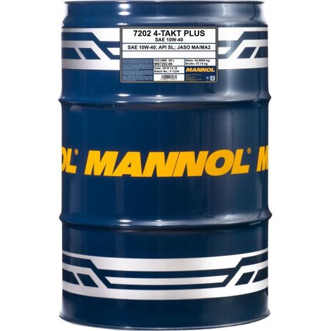 HUILE MOTEUR MANNOL 4T PLUS 10W40 SEMI-SYNTHÉTIQUE (API SL, JASO MA/MA2) (7202) FÛT DE 60 L (1/2)