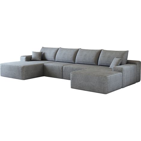 Modulares graues Ecksofa 340 cm mit L-Recamiere aus Rippencord (1/5)