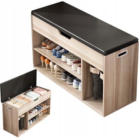 Schuhschrank mit Sitzfläche aus Holz, Stauraum, 2 Einlegeböden, zu öffnen, helle Eiche (1/5)
