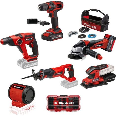 Pack 5 machines 18V + 1 offerte + batteries + sac de transport + coffret d’accessoires - EINHELL
