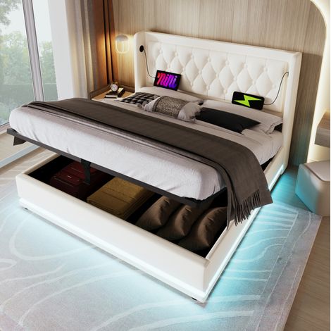 Lit coffre 180x200 USB LED PU blanc HAVRYA (1/5)
