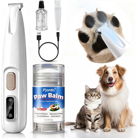 Tondeuse pour pattes de chien et chat avec baume pour pattes d'animaux domestiques, tondeuse pour visage de chien à faible bruit avec lumière LED, tondeuse à poils d'animaux de compagnie à lame (1/5)