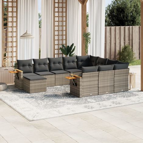 11-tlg. Garten-Sofagarnitur mit Kissen Grau Poly Rattan (1/3)
