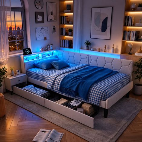 JOOKGBD-Canapé Lit 90x200 cm, Lit Coffre Rembourré avec éclairage LED et USB, lit simple avec 2 tiroirs, lit adolescent, tête de lit avec espace de rangement, sommier à lattes, velours, Beige