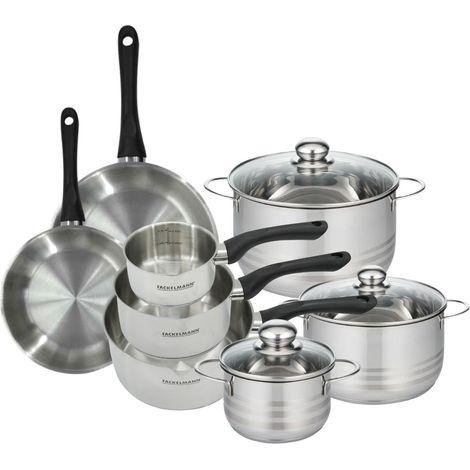 Set de 2 poêles 20 24 cm, 3 casseroles 12 16 20 cm et 3 faitouts 16, 20 et 24 cm en inox Fackelmann Geneva (1/5)