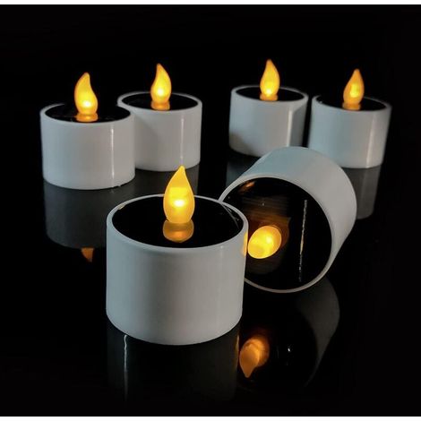 Paquete de 6 velas LED sin llama, realistas y brillantes, con energía solar, velas votivas artificiales para fiestas, cumpleaños, bodas y Navidad. (1/4)