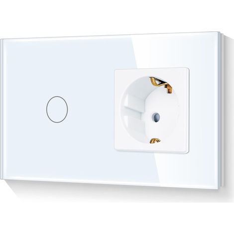 Interrupteur tactile normal 1 voie avec prise de courant, sécurité enfant, cadre en verre, prise murale, encastré, blanc, 2 compartiments, 300 W, 110-250 V, 157 mm (1/5)