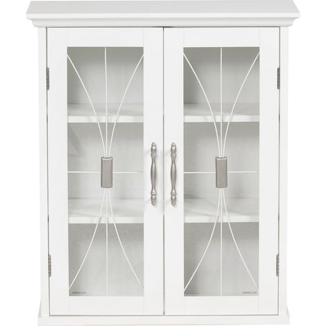 Teamson Home Bathroom Wall Cabinet, Wooden Cabinet with 2 Doors, Tempered Glass Doors, Bathroom Storage, White, 21.6 x 52.1 x 61 (cm) (1/5)