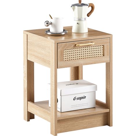 Table d’appoint en rotin avec tiroir,table de chevet moderne,table d’appoint pour salon,chambre,effet bois naturel - H55/W40/D40 cm