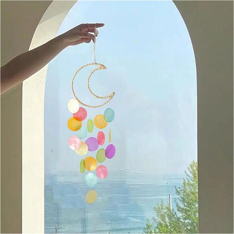 Muschel Windspiel Mond mit Perlmutt-Schalen, 55cm, bunt, für Garten & Zuhause