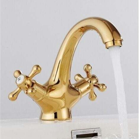 Vintage Brass Basin Mixer Tap with 2 Gold Handles