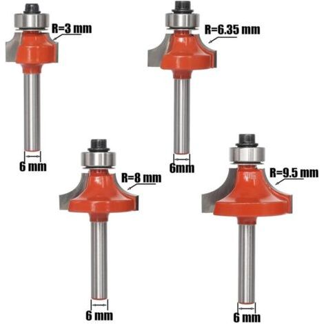 NALOOKAMIC Lot de 4 Fraises Quart de Rond à Tige de 6 mm, Rayons des Embouts 3, 6.35, 8, 9.5 mm, Fraises à Bords Ronds avec Roulement à Billes Pour Bois (1/3)
