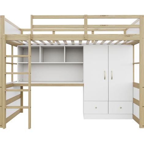 Hochbett 90 x 200 cm mit Schreibtisch, Kleiderschrank und Schubladen, Naturholzfarbe (1/5)