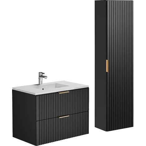 Vente-Unique – Meuble sous vasque suspendu noir 80 cm – Vasque à encastrer céramique blanche – 2 tiroirs soft close – Colonne rangement 3 étagères (1/5)