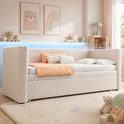 Lit banquette extensible 90x200 cm beige en velours avec éclairage LED et sommier à lattes (1/5)