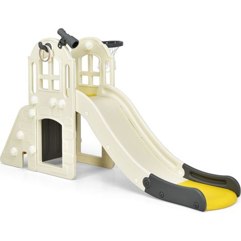 Aire de jeux jaune 6 en 1 pour enfant avec toboggan, escalade, tunnel, panier et télescope pour jardin et intérieur (1/5)
