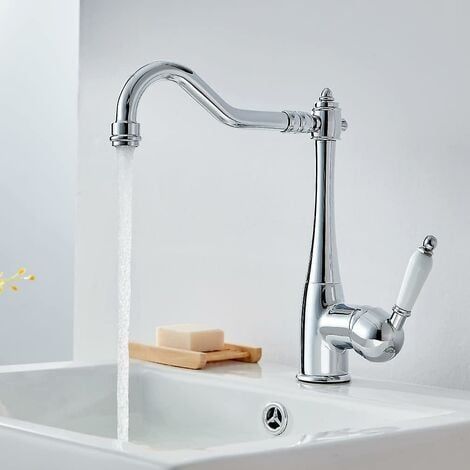 [JAMAIS UTILISÉ]Robinet de cuisine élégant évier mitigeur bec haut 360 Rotation rétro Chrome laiton évier de cuisine robinet- (1/4)