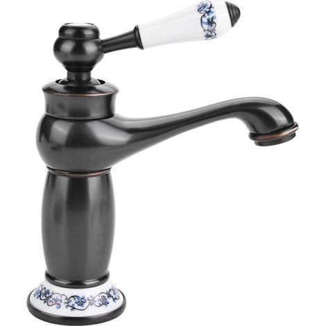 Grifo mezclador de lavabo retro de latón y cerámica, grifo de lavabo vintage de cuello largo de porcelana azul y blanca con diseño floral y entrada de agua fría/caliente, para cocina y baño (negro). (1/5)