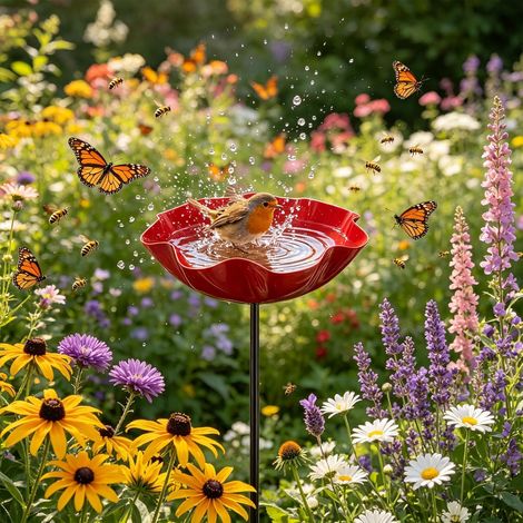 1 Pièce Métal Vertical Fleur Abreuvoir Oiseaux, 65 cm, Rouge (1/5)