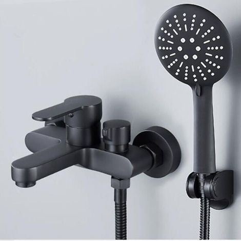 Mitigeur de baignoire noir avec douchette 3 jets - robinet de douche mural, mitigeur de baignoire avec support et flexible (1/4)