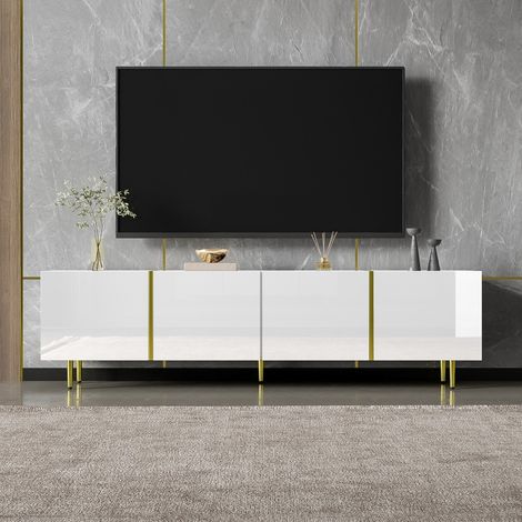 Meuble TV design blanc brillant - 4 portes fonctionnelles - Style épuré contemporain pour salon moderne (1/5)