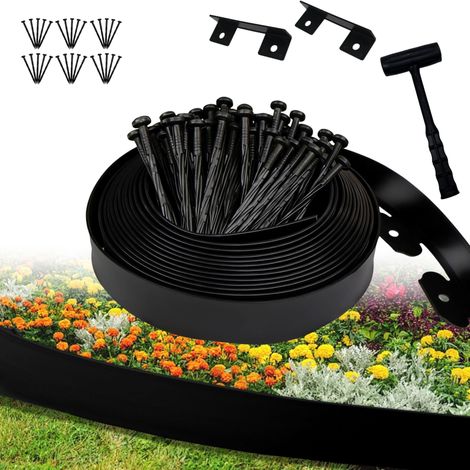 Bordure de Jardin Flexible 5cm,Longueur 10m,Bordure Jardin Exterieur Plastique,avec 30 piquets et 2 connecteurs + 1 Marteau (Bord Lisse, 5cmx10m) (1/5)