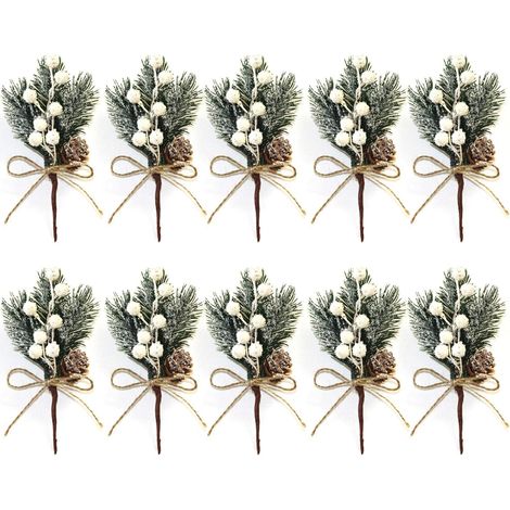 10 Stück 15 cm kleine weiße künstliche Weihnachtsbeerenstiele mit Tannenzapfen, Stechpalme, Weihnachtsblumen für Weihnachtskränze, Vasendekoration für den Innenbereich (1/5)