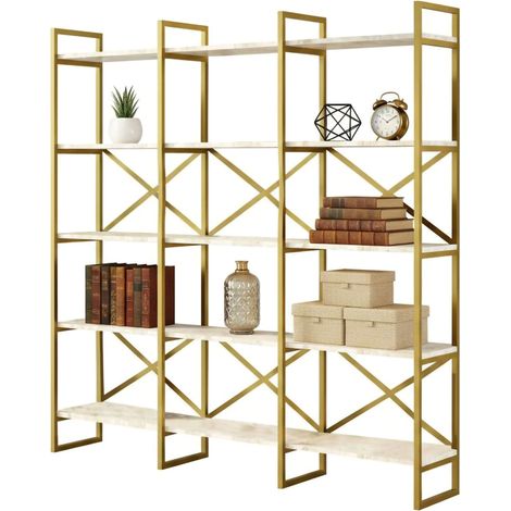 Dmora - Libreria Gauro, Scaffale da ufficio, Mobile portalibri, Biblioteca, 170x30h175 cm, Bianco e Oro