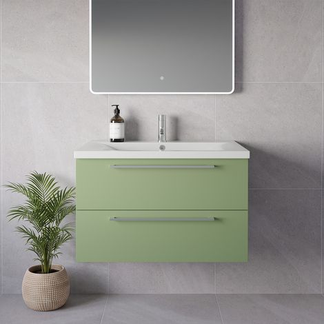 Napoli 460 Olive Green 800mm Wall Mounted 2 Drawer Vanity Unit with Glide Basin - 800mm - Chrome 480mm Handle