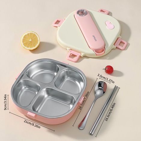 1 Boîte à déjeuner carrée, Acier inoxydable 304, 3-4 compartiments, Étanche, Micro-ondes, Pour étudiant, Bureau, Extérieur