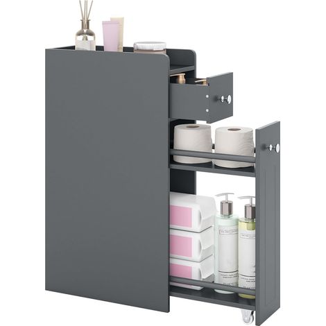 COSTWAY Mobile da Bagno Piccolo, Mobiletto Salvaspazio Stretto a 4 Ripiani con Cassetti Estraibili su Ruote, Credenza Sottile da Terra Porta Carta Igienica per Spazi Ridotti (Grigio) (1/5)