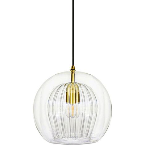 Superbe Lampe Suspension à Boule en Verre Double Couche Finition Laiton Design Rétro E27 Lampe Plafonnier Globe pour Chambre Salle à Manger Loft Bar Éclairage Intérieur (Transparent, 20cm) (1/5)