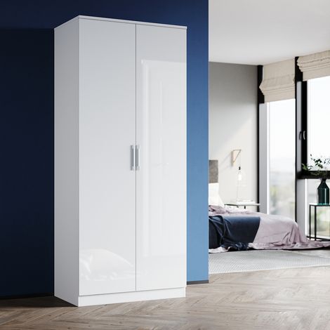 ELEGANT White Wardrobe Storage High Gloss Bedroom Furniture Soft Close Door Shelf and Hanging Rod