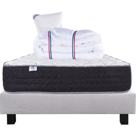 Ensemble Matelas Serenite, 27 cm, ressorts ensachés, ferme, face été/hiver + sommier gris ep20cm + oreiller + couette, 90x190cm (1/5)