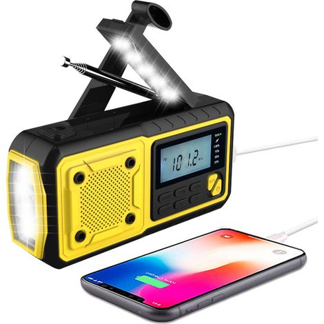 Filiyano – chargeur de téléphone – Radio d'urgence solaire à manivelle 4000 MAH avec alerte météo NOAA/AM/FM et chargeur de téléphone (jaune)