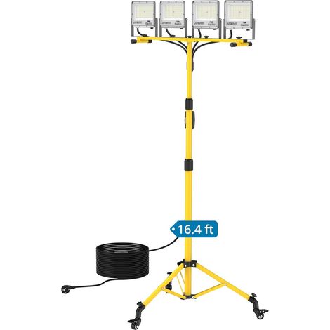Projecteur de chantier à LED avec trépied et roulettes, 4 x 70 W, 25 000 lm, éclairage de travail, lumière blanche froide 6 500 K, trépied réglable en hauteur, câble de 5 m, étanche IP66 (1/5)